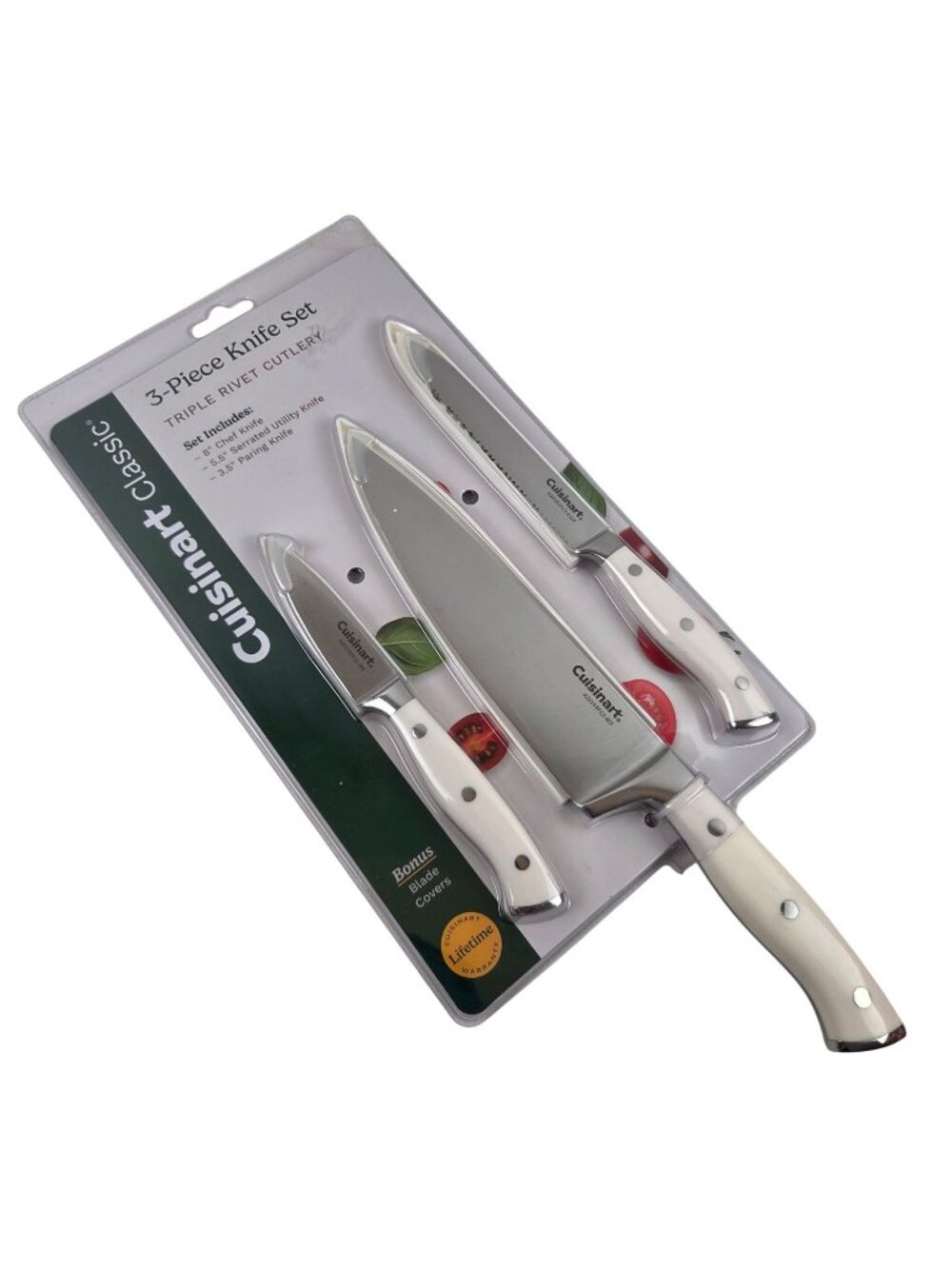 Cuisinart Classic 3 Piece Knife Set With Blade Covers White Triple Rivet Cutlery